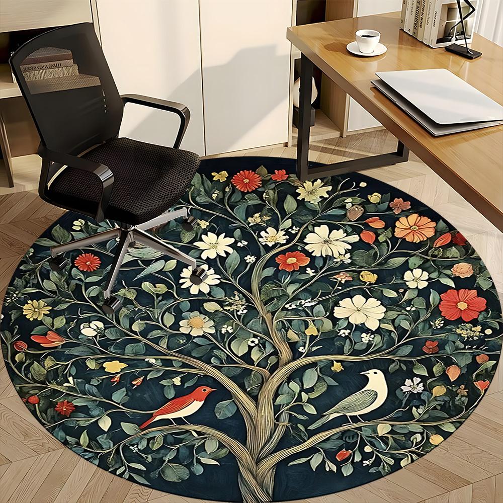 1PC Floral Tree Birds Office Round Area Rug,  Mat Suitable ForOffice, Under Office Chairs Bedroom Living Room Home Decor, Room Deco
