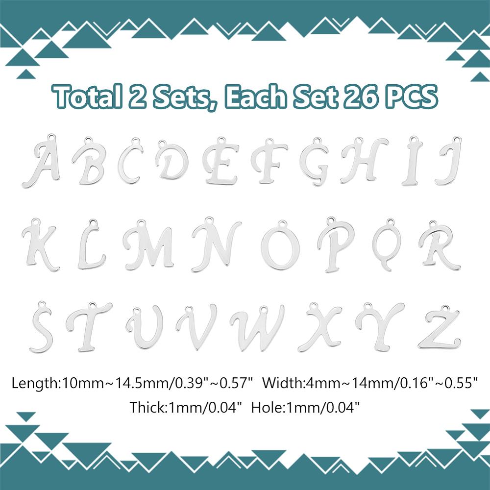 2 Sets 201 Stainless Steel Charms Alphabet Stainless Steel Color Laser Cut Letter A~Z 10~13x6~14x1mm Hole: 1mm 26pcs/set