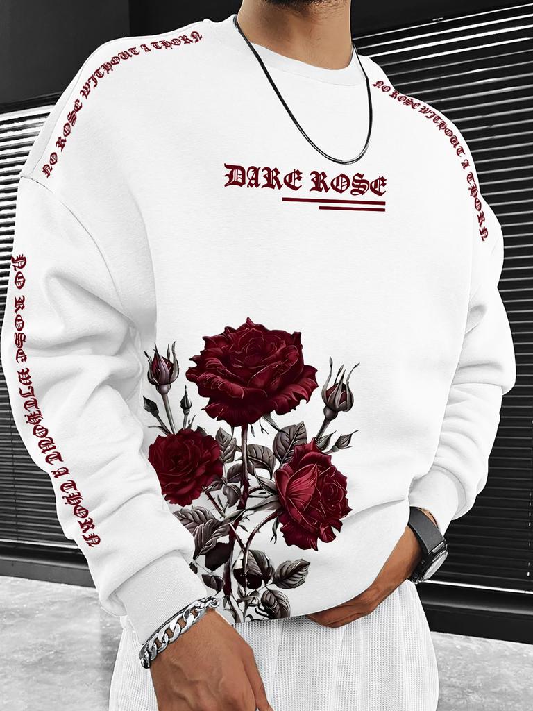 Men's Round Neck Sweatshirt, Retro Dark Style 'NO ROSE' Slogan Rose Print Sweatshirt