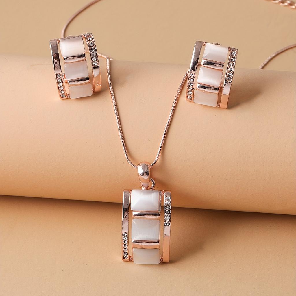Rhinestone Imitation Gemstone Pendant Ladies Rectangular Opal Necklace & Earrings Jewelry Set - Birthday Party Accessory Gift
