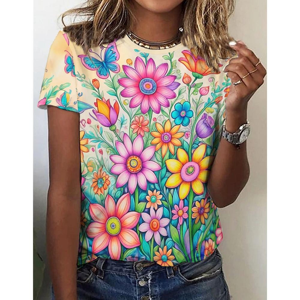 Fashions Women's Clothing Crushed Flower O-Neck Loose Short Sleeve T-Shirt Coloured Print Tops Ventilate Tshirts Streetwear