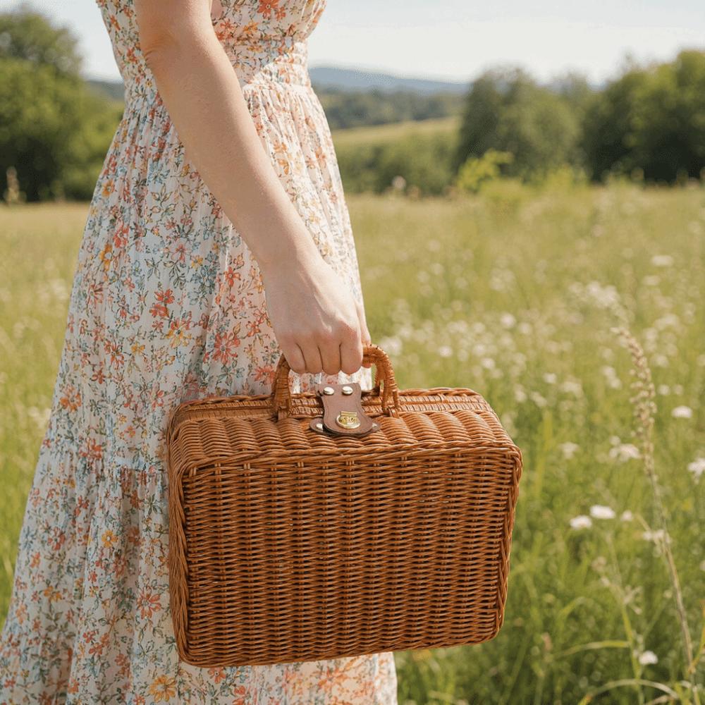 With Ring Shaped Handle Woven Picnic Box Handwoven Rattan Storage Box  Wedding Party