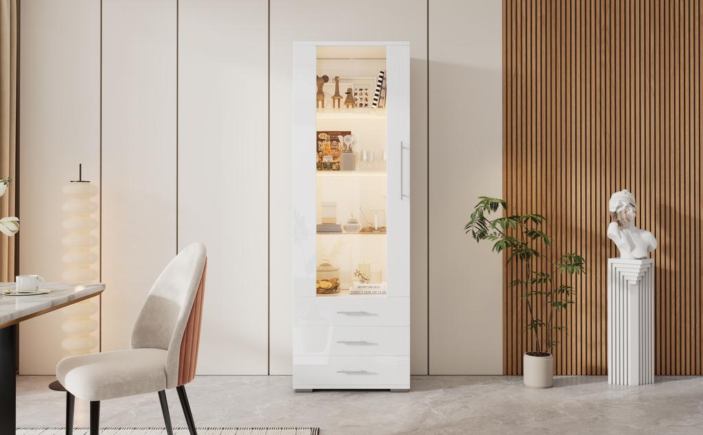 Vit högglansig montr, glasmontr, fristående montr med LED-belysning, vertikal med 3 lådor, 60*35*180cm