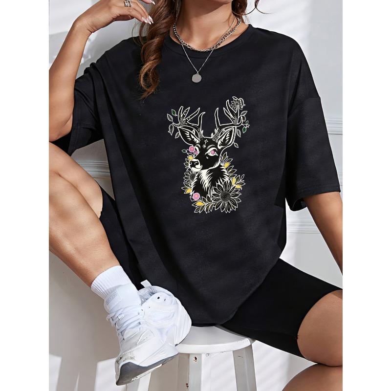 White T Shirt With Deer And Floral Print For Casual Wear