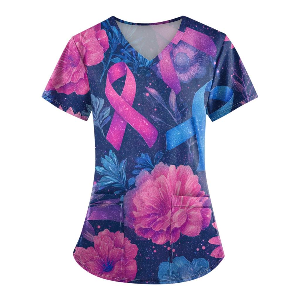 Women's Fashion V-Neck Short Sleeve Overalls With Pockets Printed Tops Clothes