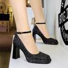 Women's Shoes with Thick Heels, High Heels, Waterproof Platform, Shallow Mouth, Square Toe, Sequins, Straight Strap, Single Shoe