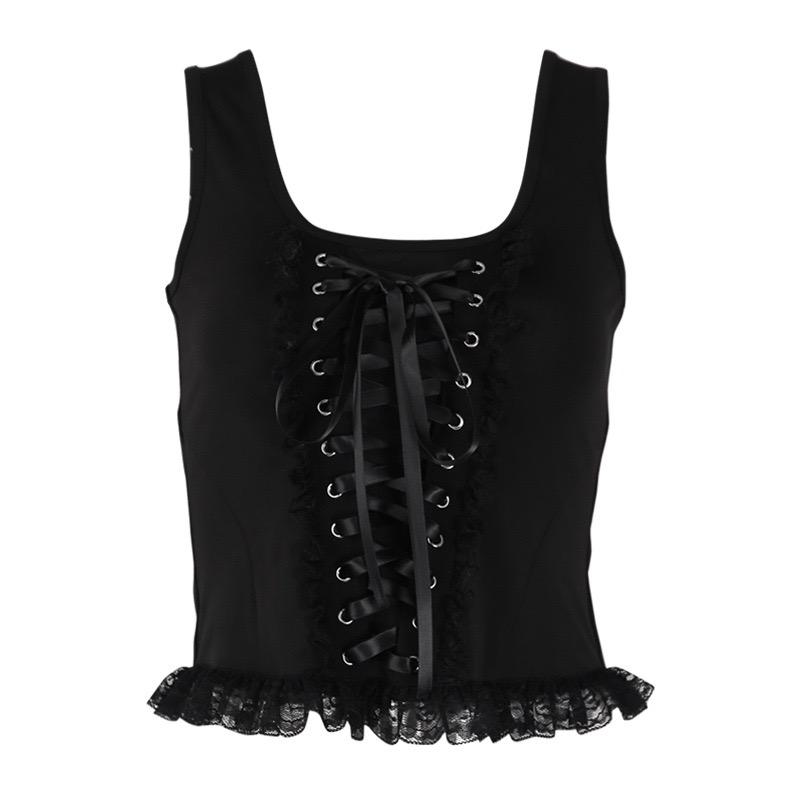 GlowGirl Gotické čipkované sieťované krátke topy Čierne sexi topy s tenkými ramienkami Korzetové topy Goth Punk Grunge Víla Estetika Y2K Oblečenie na Halloween