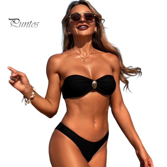 

2 шт./компл. женский купальник бандо с подкладкой без косточек бюстгальтер с высокой талией плавки комплект однотонный раздельный дизайн пляжная одежда S чёрный