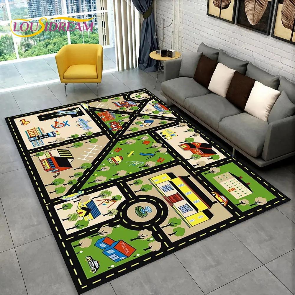 Highway City Traffic Cartoon Area Rug,Carpet Rug for Living Room Playroom Children's Bedroom Decor,Kid Game Non-slip Floor Mat