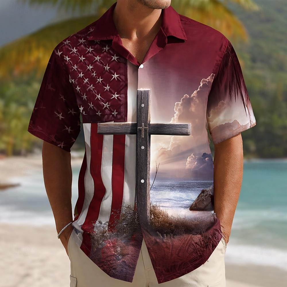 Men's 4th of July U.S. 250th Anniversary Cross US Flag Shirt Cuban Collar Shirt Button Up Shirt Short Sleeve