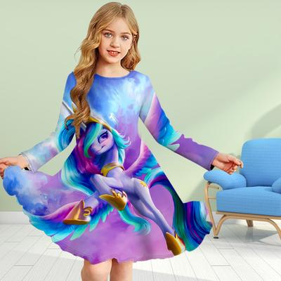 Robe décontractée à manches longues et col rond pour fille, imprimé 3D, graffiti coloré, licorne, robe de princesse pour enfant