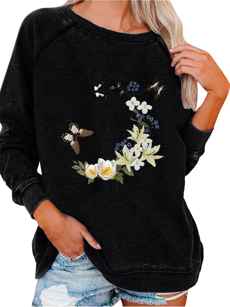 Ladies Spring/Fall Sweatshirt Women's Oversized Pullover Sweatshirt Fashion Flower Print Top