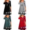 Damen Langarm Casual Loose Kleid Patchwork Verzierter Knopf Plaid Print Kleid