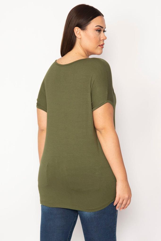 Women's Big Size Blouse Plus Size Khaki Embroidery Detailed V-Neck Low Sleeve Blouse