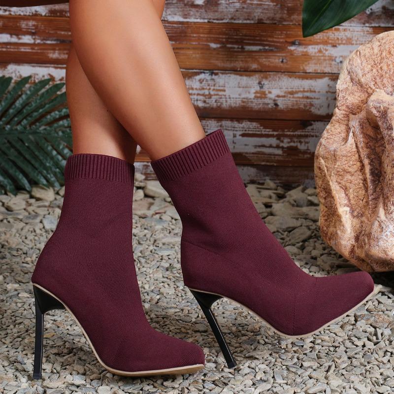 New Pointed Fly-woven Breathable Mid-tube Boots Women's High-heeled Thin-heeled Elastic Socks Fashion Boots