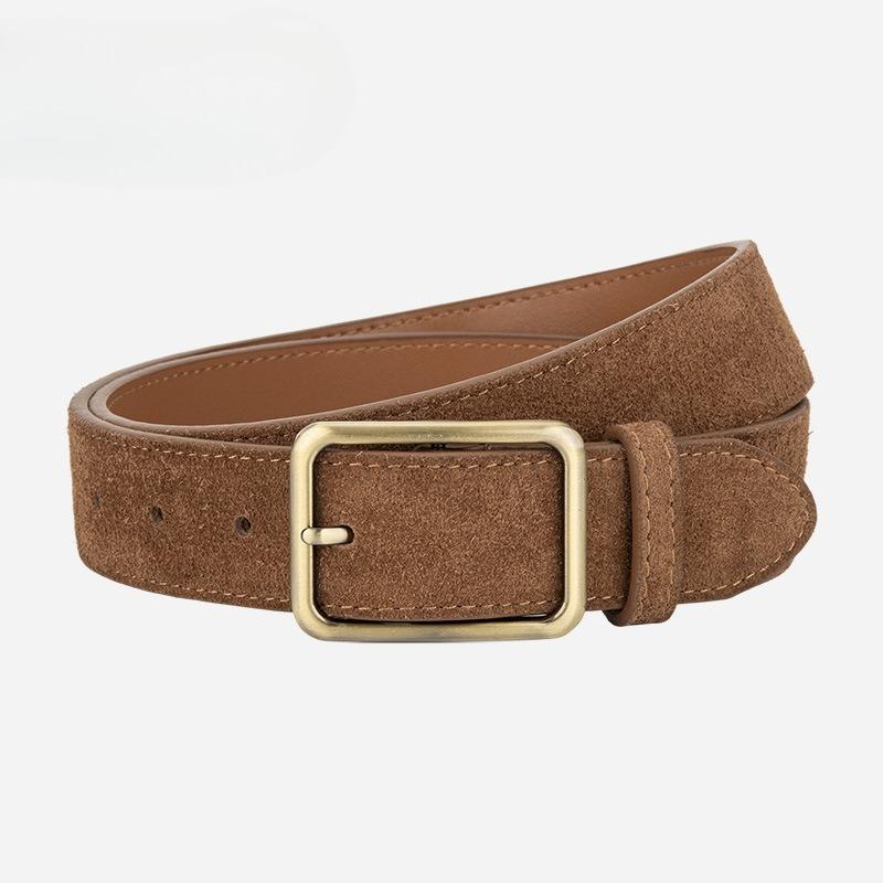 Korean Version of Simple Square Buckle Versatile Suede Belt for Women High-end Frosted Retro Dress Belt Leather Belt
