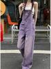 Women's Retro Purple High-Waist Denim Overalls - Slimming, Loose, Wide-Leg Jumpsuit for Spring & Summer