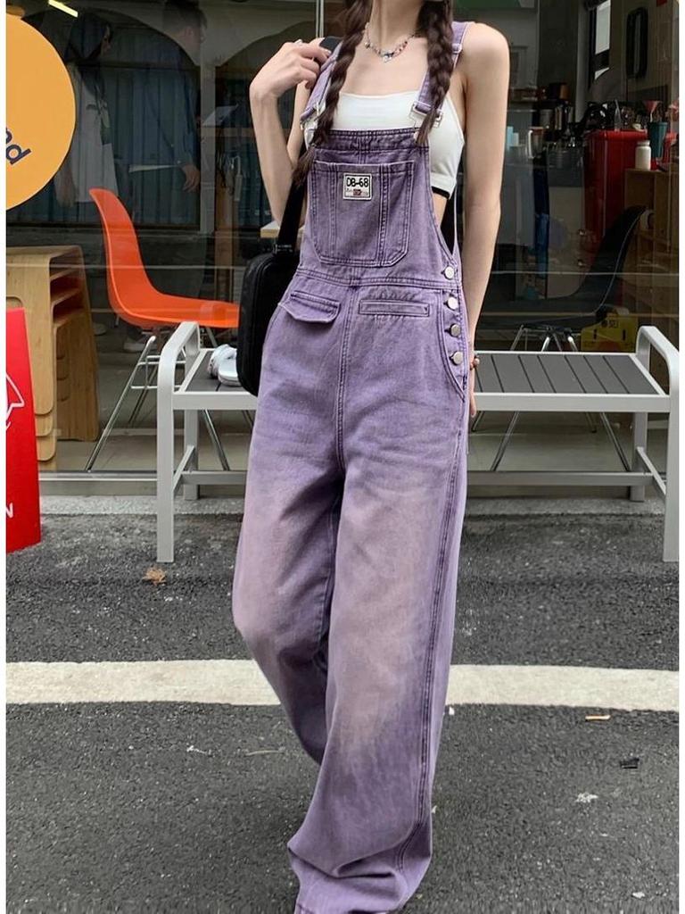 Women's Retro Purple High-Waist Denim Overalls - Slimming, Loose, Wide-Leg Jumpsuit for Spring & Summer
