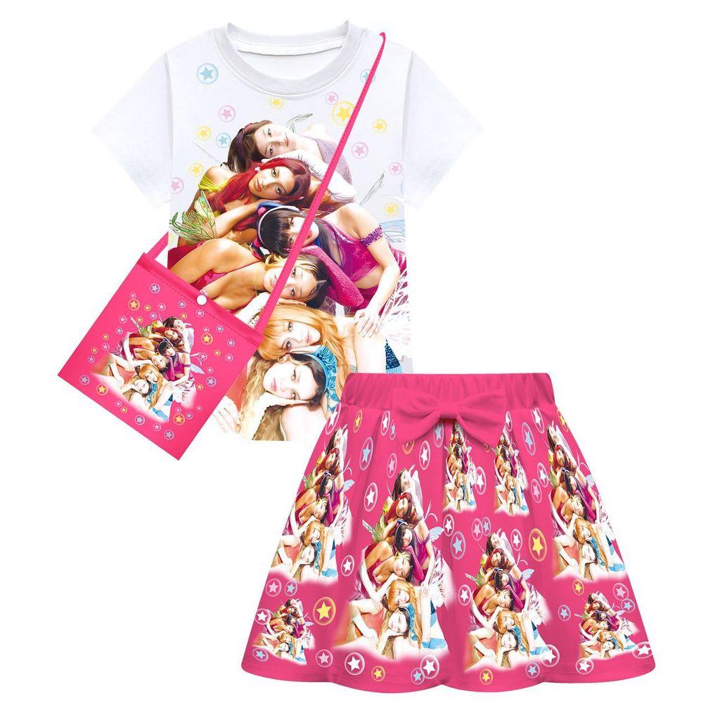 3 Stück/Sets Kinder Mädchen KATSEYE Pop-Sänger Druck Kurzarm T-Shirt Rock Tasche Set