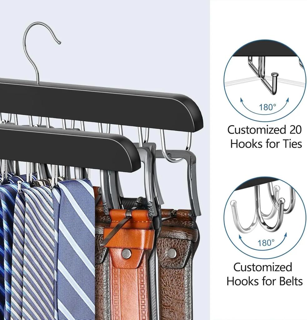 2pcs Men's Essential Tie and Belt Rack, Suitable for Closet Organization and Storage, Sturdy Wooden Belt and Tie Organizer