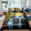 3D Waterfall Duvet Cover Set King Size Microfiber Botanical Floral Trees Pattern Bedding Set Purple Dream Theme Comforter Cover