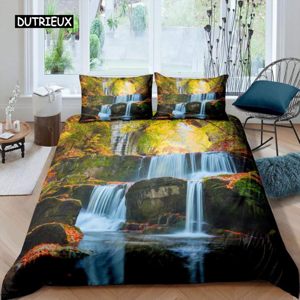 3D Waterfall Duvet Cover Set King Size Microfiber Botanical Floral Trees Pattern Bedding Set Purple Dream Theme Comforter Cover