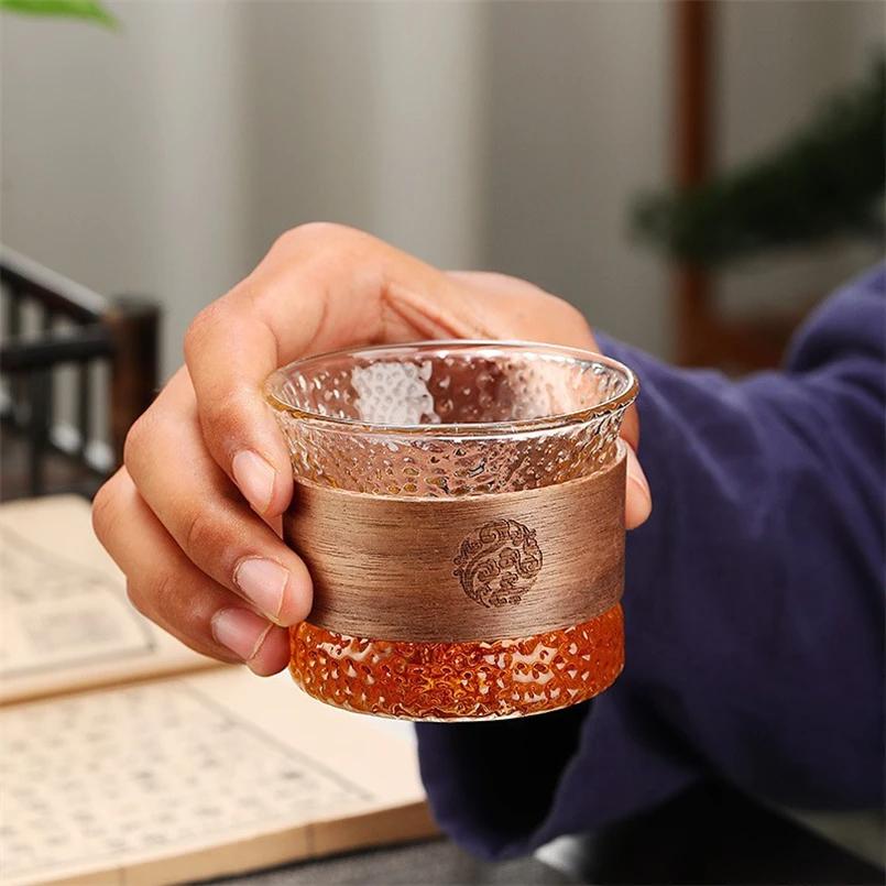 Japanese-style High Borosilicate Transparent Glass Tea Cup Household Wooden Ring Anti-scalding Vertical Grain Small Tea Cup