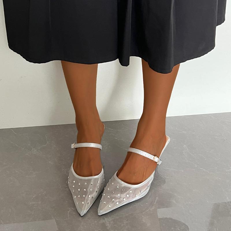 

Мода Мода 2025 Закрытый носок Женские тапочки Лето Новинка Уличные Нарядные Большой размер Кристалл Элегантные Бестселлер Каблуки Женские zapatos Mujer 35