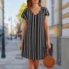 Summer Fashion Women's V Neck Short Sleeve Retro Striped Printed  Dress Sex Short Skirt Dresses