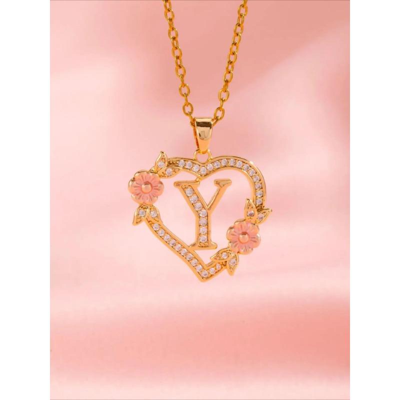 

Female A-Z Letter Flower with Diamonds Pendant Necklace Yellow Gold Color Wedding Jewelry Gift Women
