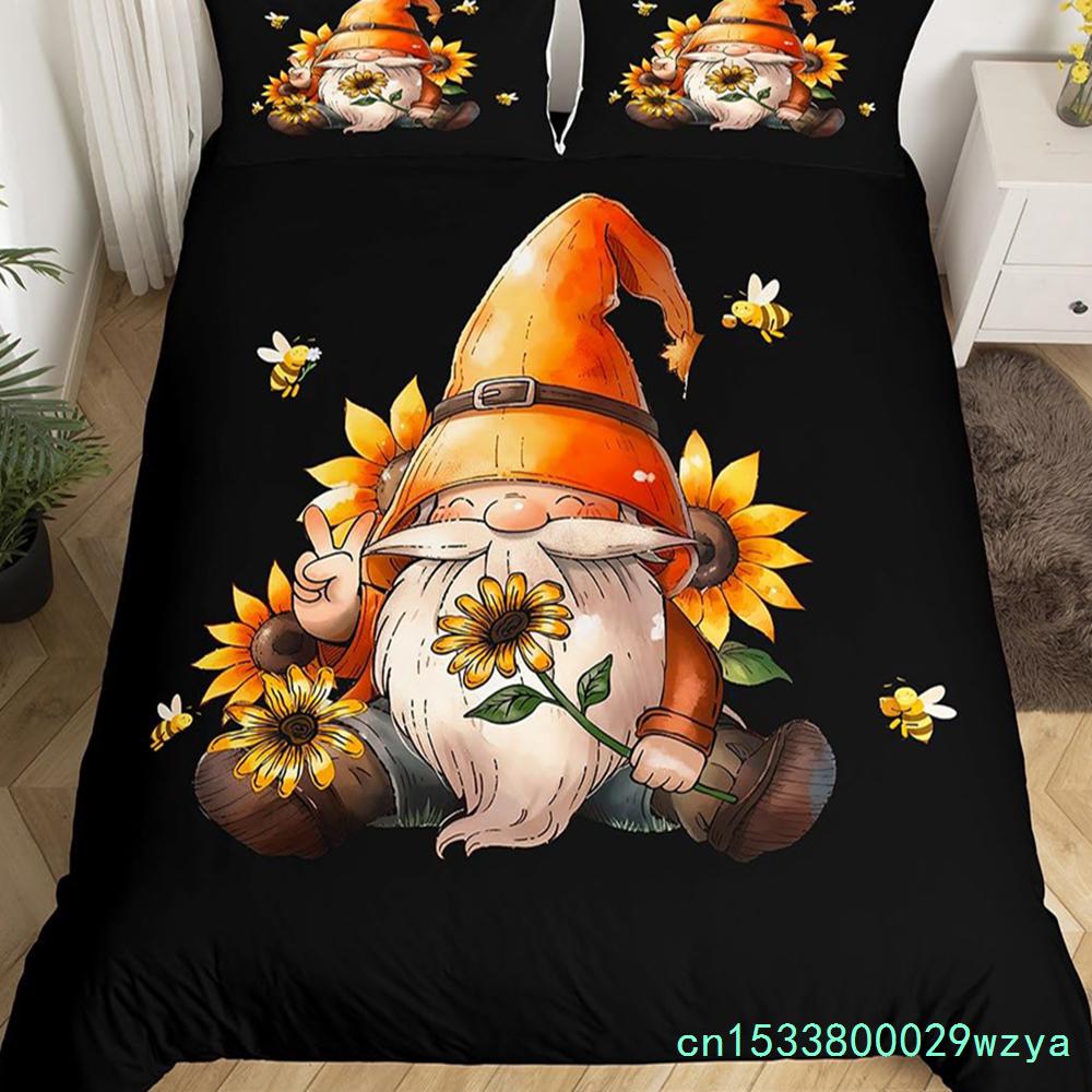 Purple Lavender Dwarf Duvet Cover King Queen Kawaii Cartoon Gnome Bedding Set Spring Flowers Comforter Cover Floral Quilt Cover