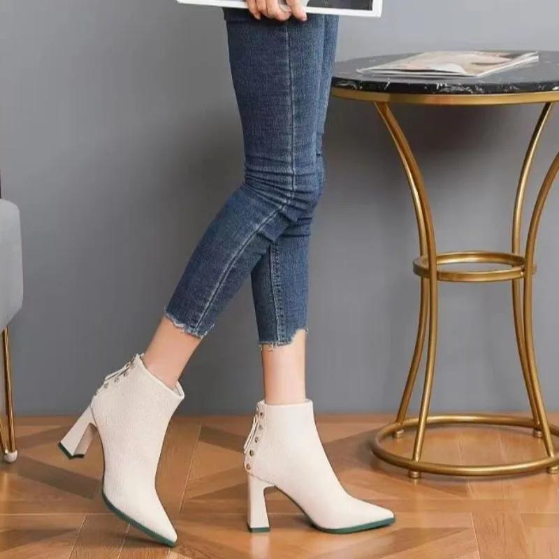 Fashion Ankle Boots for Women Very High Heels Woman Short Shoes Studded Leather Pointed Toe Booties Heeled on Offer Designer Luxury Sale