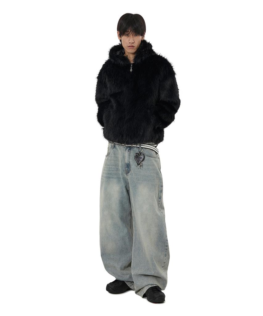 Openyard(Oy) Wild Faux Fur Hoodie Jacket - Black