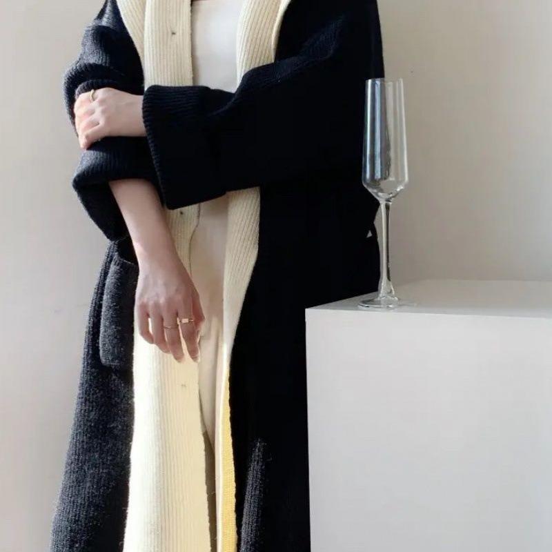 

Длинный кардиган женский осенне-зимний свободный ленивый ветрозащитный жакет осенняя оболочка фейк два предмета утолщенная осенняя вязка 3XL 140-150 чёрный