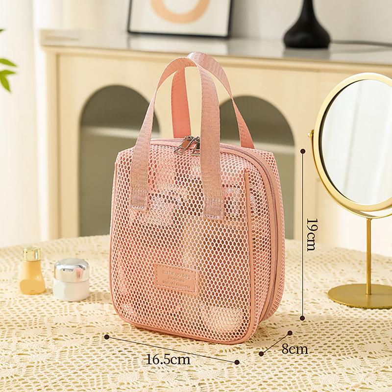 Portable Solid Color Mesh Cosmetic Bag Lightweight Space Saving Zipper Bags Large Capacity Travel Toiletry Storage Handbag