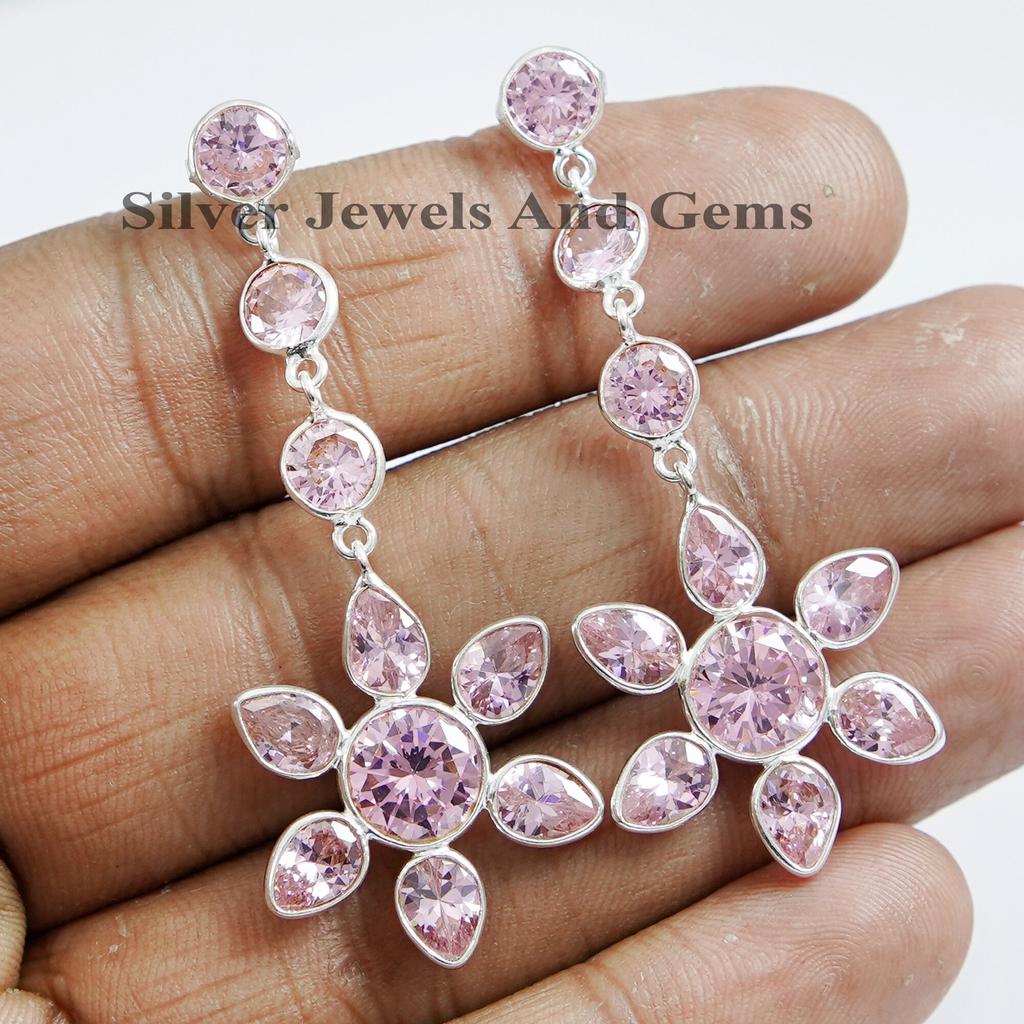 Pink CZ Sterling Silver Stud Earrings: Long Floral Dangle Earrings