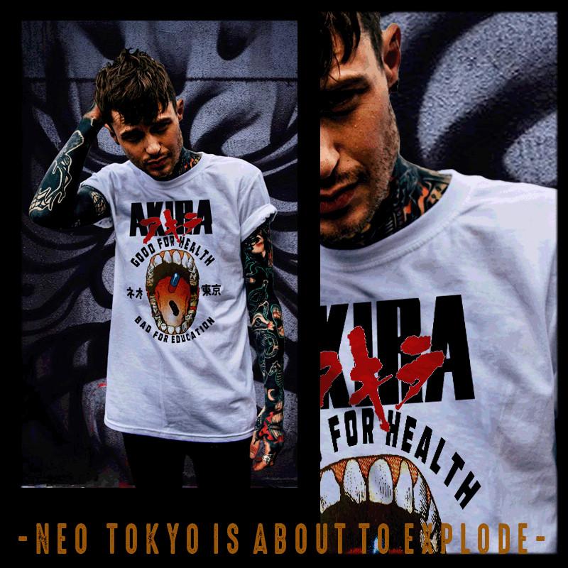 

Anime T-Shirt retro akira pill good for health japanese kanji bad for education 4XL