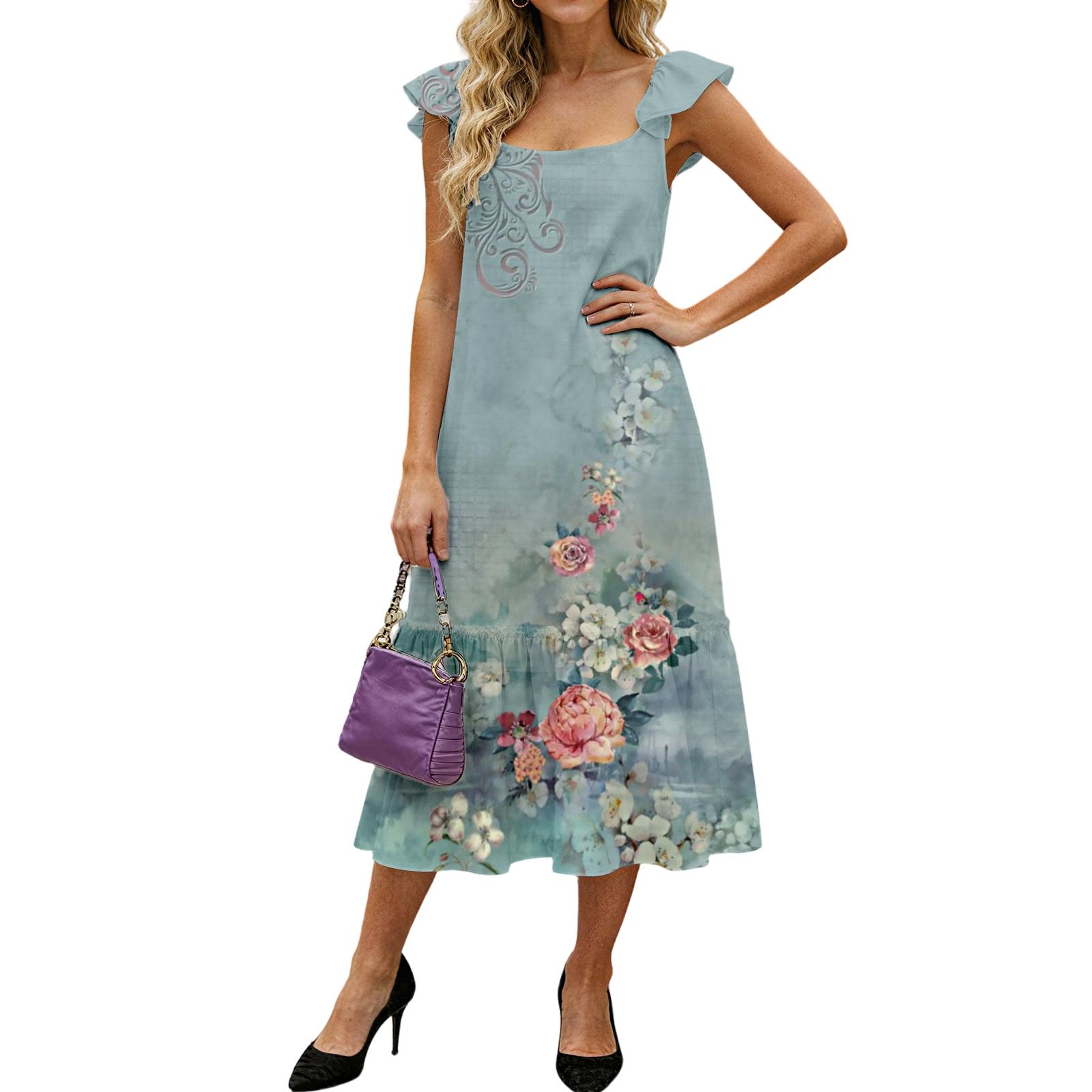

Women s Fashion Loose Mid-length Ruffled Flying Sleeve Vintage Printed Dress XXL