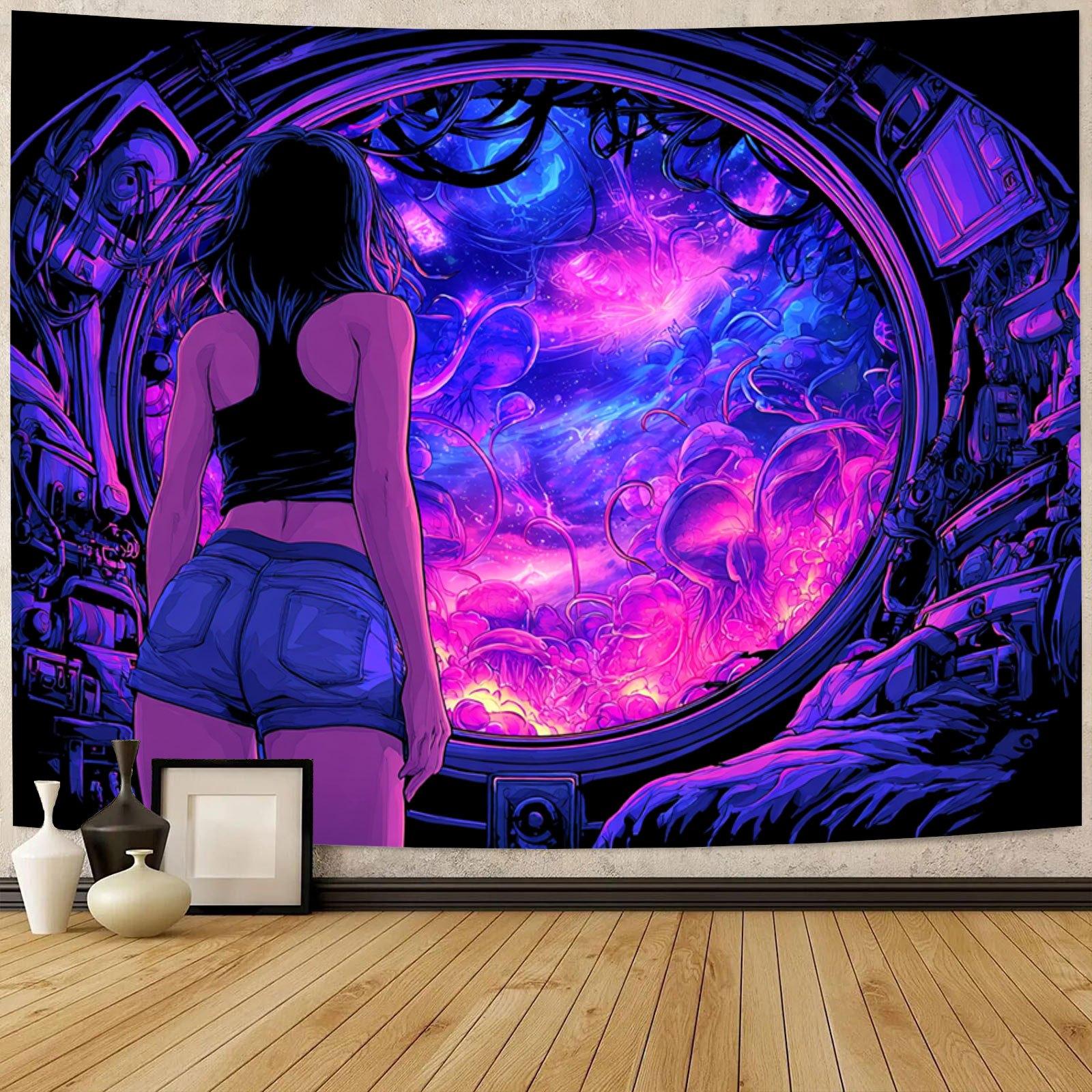Sci-Fi Girl Portal Tapestry, Cyberpunk Space Window Wall Hanging, Neon Purple Pink Galaxy Art, Trippy Futuristic Room Decor for 100X70CM