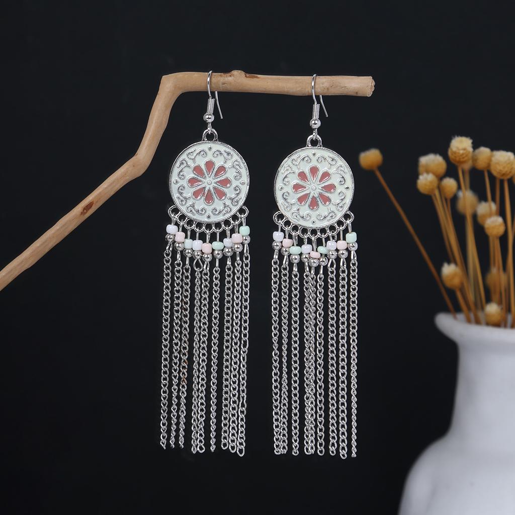 Bohemian Ethnic Style Oval Earrings, Retro Tourist Attractions Ethnic Minority Fringed Beaded Earrings