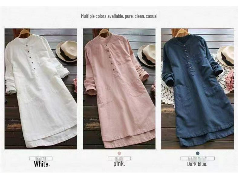 804# Cotton Linen Long Sleeve Shirt - Slimming, Plus Size, Casual Mid-Length Fashion Top for Spring and Autumn.