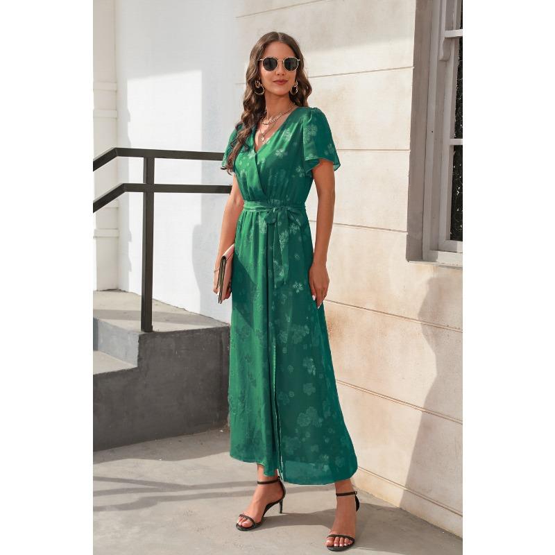 V-neck High-waisted Strappy Dress Jacquard Split Long Short-sleeved Dresses