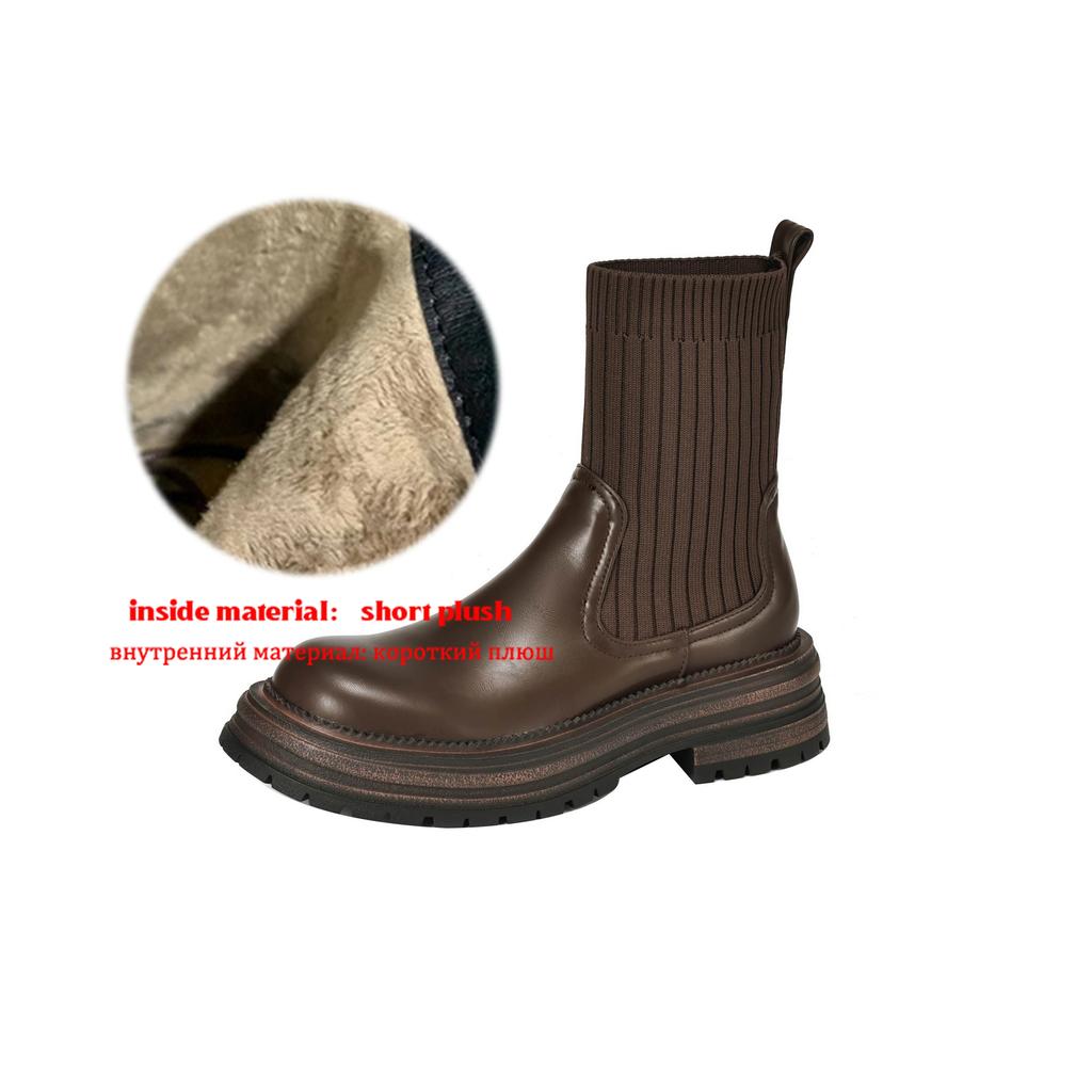 Krazing Pot Microfiber Autumn Winter Shoes Thick High Heels Flat Platform Size 43 Motorcycle Boots Knitwear Non-slip Ankle Boots