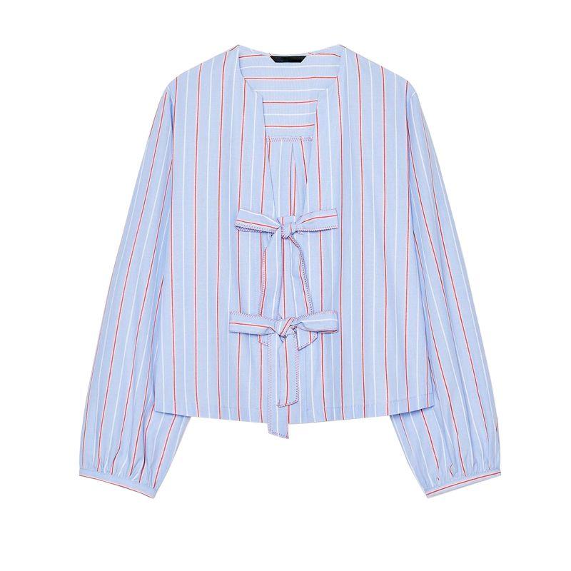 Summer New Product Women's Clothes round Neck Long Sleeves Contrast Color Seized Line Bowknot Decoration Poplin Shirt Tops 0387058