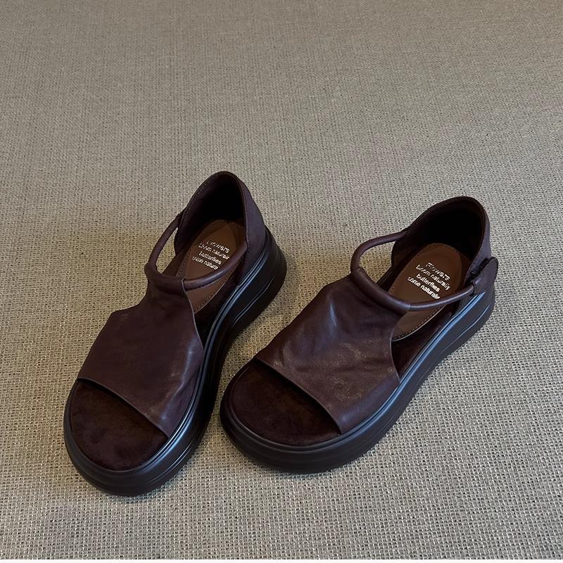 [Fanfna] Super Soft Leather~ Retro Casual Heightening Platform Sandals Women's Summer Beautiful Versatile Roman Sandals