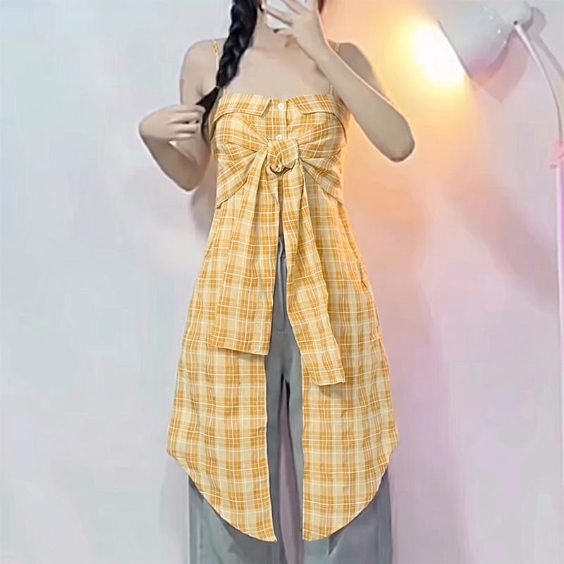 ZANZEA Women Grid Print Summer Sexy Casual Sleeveless Slipe Tops Camisoles M жёлтый