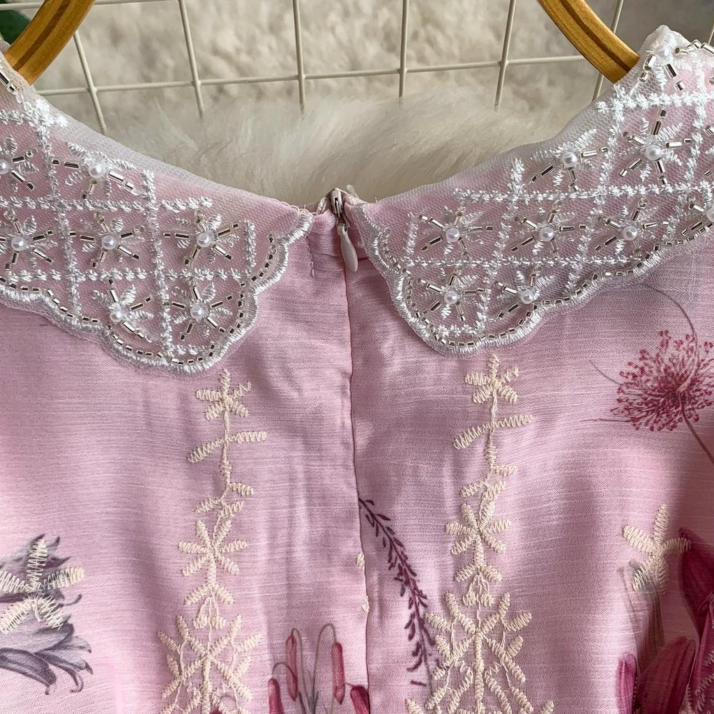 Embroidery Formal Luxury Evening Midi Dress Women Summer Beaded Peter Pan Collar Crochet Flower Hollow Out Short Sleeve Midi Dresses