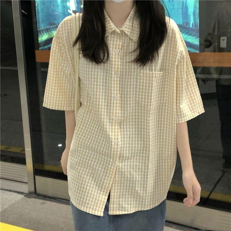 

Women s Checkered Short Sleeved Shirts Summer Japanese Casual Pocket Bloues Korean Simple Simple Ladies Shirt XL жовтий