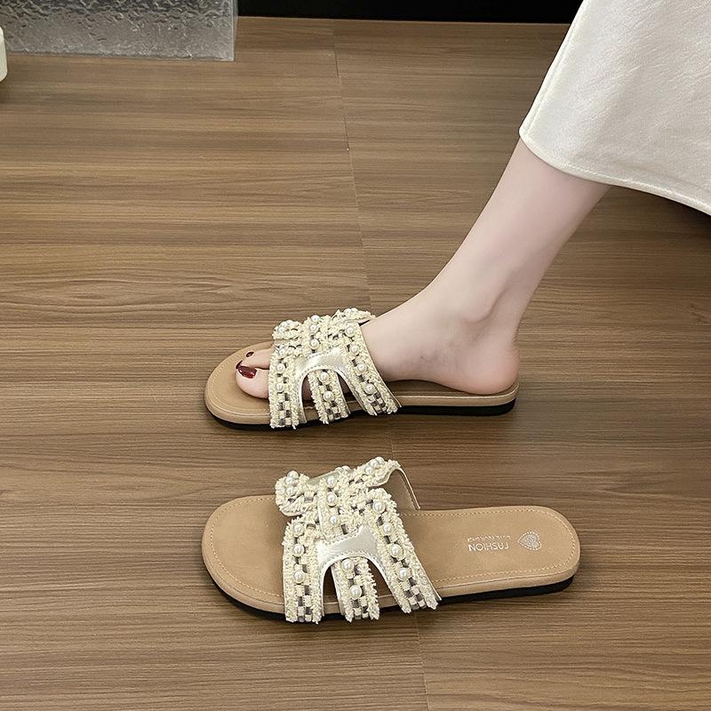 

Жемчужные тапочки женские летние новые фея модные на плоской подошве пляжные крутые тапочки 40 шампанского