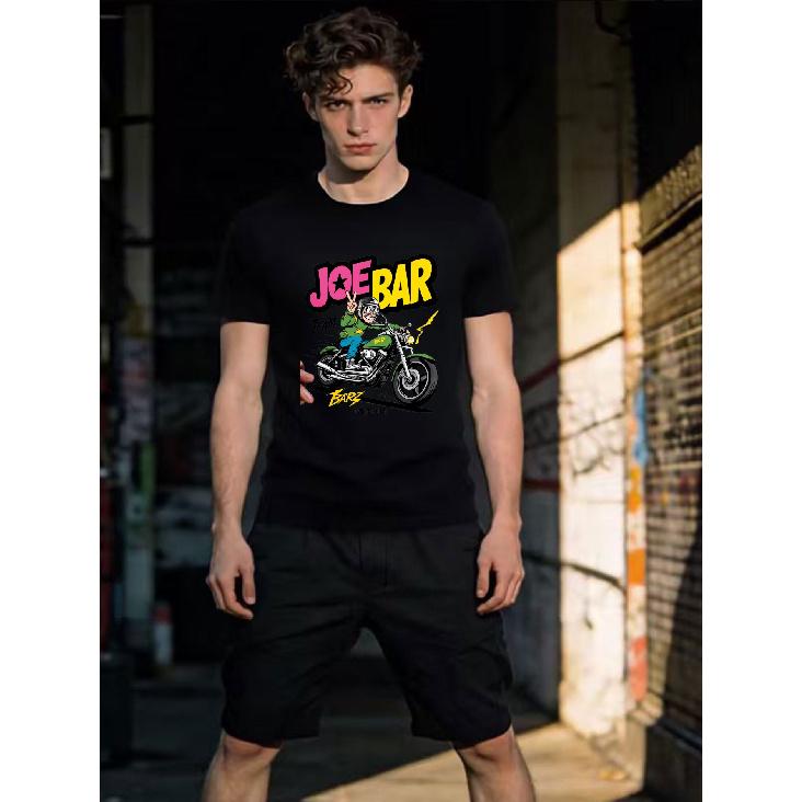 Men'S White Joe Bar Team Motorcycle Cartoon Graphic Print T-Shirt | Casual Streetwear Top for Daily Wear and Urban Style, Medium Stretch Fabric,